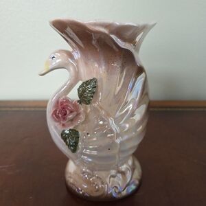 Vintage Lusterware iridescent ceramic swan vase with a pink rose